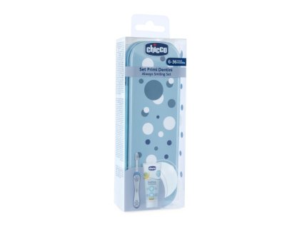CHICCO Set zubná kefka a pasta v puzdre Always smiling - light blue, 6m+ (Varianta CHICCO Set zubná kefka a pasta v puzdre Always smiling - light blue, 6m+)