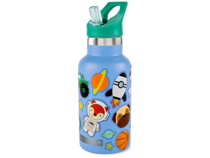 SKIP HOP Fľaša s nálepkami so slamkovým náustkom nerezová modrá 380 ml, 4r+ (Varianta SKIP HOP Fľaša s nálepkami so slamkovým náustkom nerezová modrá 380 ml, 4r+)