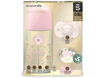 11080 suavinex gold set lahev 270ml dudlik fyziologicky 0 6 klip gold ruzova