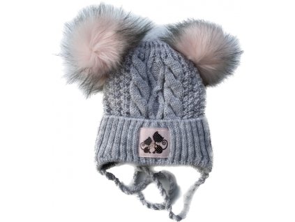 AJS Zimní pletená čepice CATS Šedá s 2mi růž bambulemi vel. 44-48cm