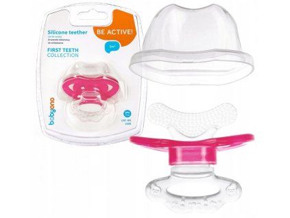 babyono kousatko silikonovy bez bpa ve tvaru dudliku s krytem ruzovy 3m 1