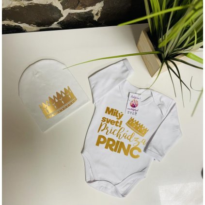 Milý svet, prichádza princ! - biela sada body a čiapka