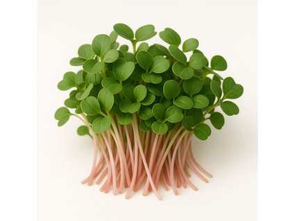 A realistic photograph of radish Pink Lady variety microgreens on a white background The microgreens should look fresh vibrant and detailed showcasing the small leaves and delicate stems No text or labels on the