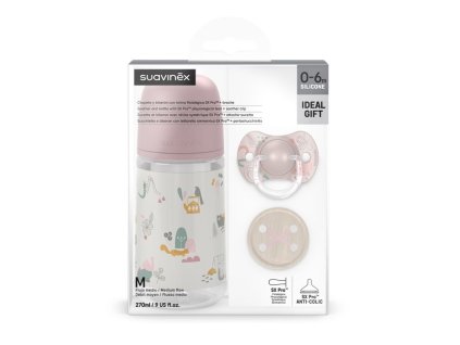 SUAVINEX | Sada fľaša 270ml + cumlík fyziologický 0/6m + klip Walk (Variant SUAVINEX | Sada fľaša 270ml + cumlík fyziologický 0/6m + klip Walk - ružová)