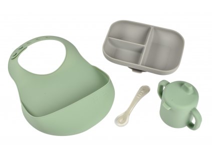 Jedálenská sada silikónová 4-dielna s podbradníkom Grey / Sage Green