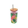 Sklenený cestovný hrnček so slamkou Liquid Cube Pink Jungle Flora 540 ml