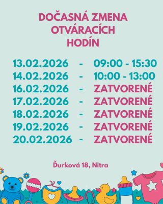 Pozor, dočasne upravené otváracie hodiny od 13.2.2026 🕒 Uvidíme sa opäť v sobotu 21. 2. 2026 v čase 9:00–12:00. Ďakujeme...