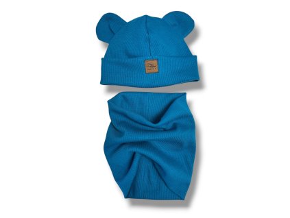 Čepička a nákrčník ocelově modrá 0-1 rok