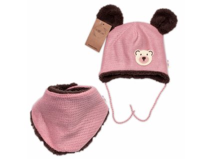 Pletená zimní čepice s kožíškem a šátkem Teddy Bear, Baby Nellys, růžová, vel. 68/74