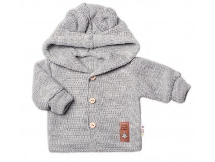 Dětský elegantní pletený svetřík s knoflíčky a kapucí s oušky Baby Nellys, šedý, vel. 86
