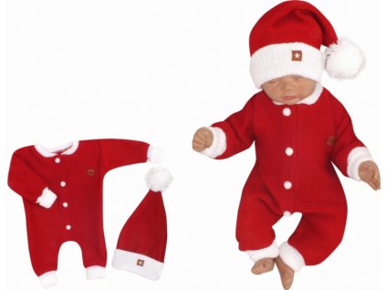 Z&Z 2-dílná sada Pletený overálek + čepička Baby Santa, červený, vel. 74