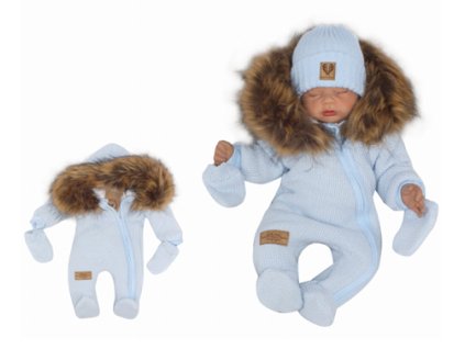 Z&Z Zimní kombinéza s kapucí a kožešinou + rukavičky, modrá, vel. 62