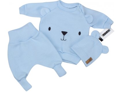 Pletená kojenecká sada 3D Medvídek, svetřík, tepláčky + čepička Kazum, modrá, vel. 74