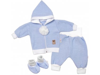 Baby Nellys 3-dílná souprava Hand made, pletený kabátek, kalhoty a botičky, modrá, vel. 68