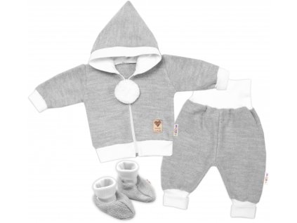 Baby Nellys 3-dílná souprava Hand made, pletený kabátek, kalhoty a botičky, šedá, vel. 68