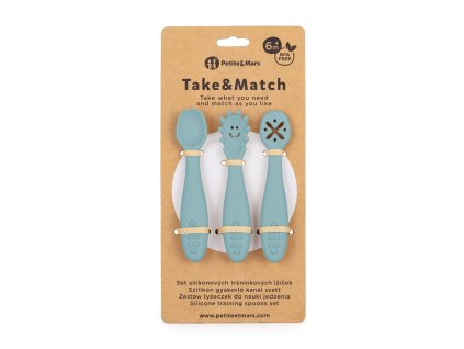 PETITE&MARS Set 3 ks silikónových tréningových lyžičiek Take&Match Frosted Sky 6m+