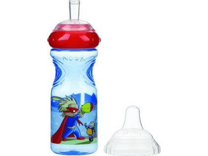NUBY Netečúca fľaša so silikónovým náustkom 300 ml, 9 m +, modrá s červeným viečkom – superhrdina