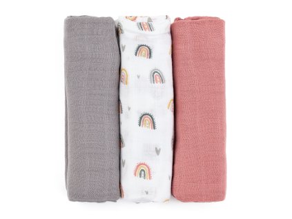 PETITE&MARS Sada plienok bambusová mušelínová 3ks Moussy Rose Rainbows, 68 x 68 cm