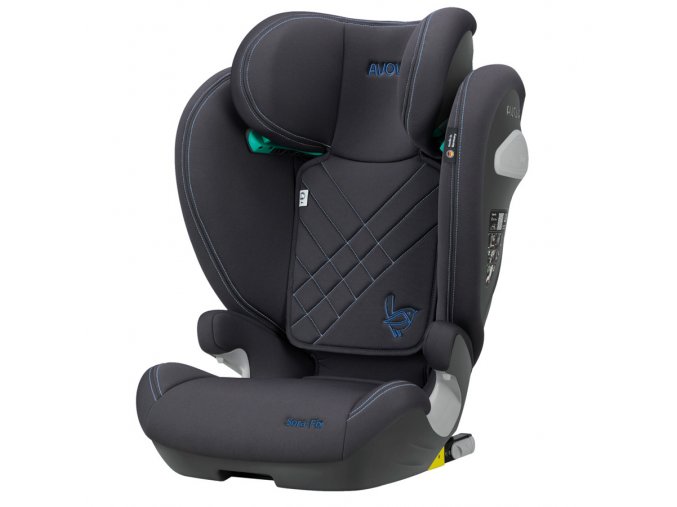 Modře proštepovaná německá autosedačka Avova SORA-FIX je schválena od 100-150cm výšky (3-12let). Vítěz Reddot Design Award 2026