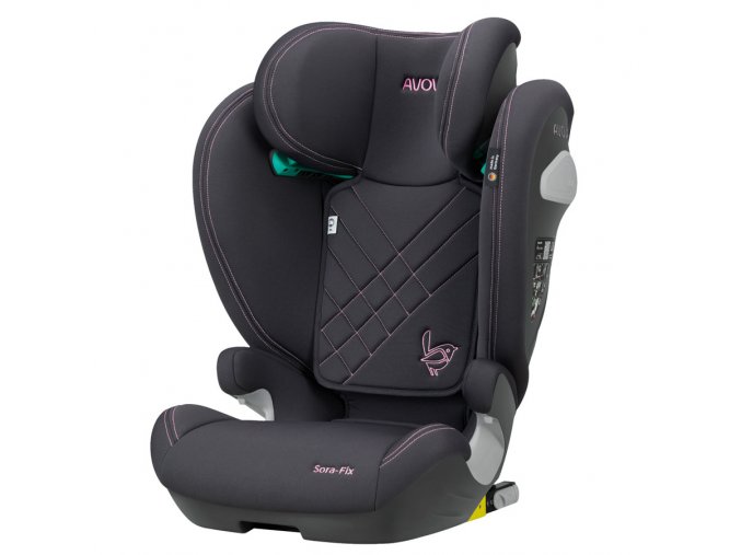 Růžově proštepovaná německá autosedačka Avova SORA-FIX je schválena od 100-150cm výšky (3-12let). Vítěz Reddot Design Award 2023