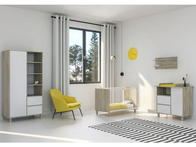 Velká 4-dílná sada 2+2 dětského pokoje Faktum Wing White zahrnuje přebalovací komodu, přebalovací nástavec na komodu  +  dětskou postýlku 120x60 cm a poličku zdarma
