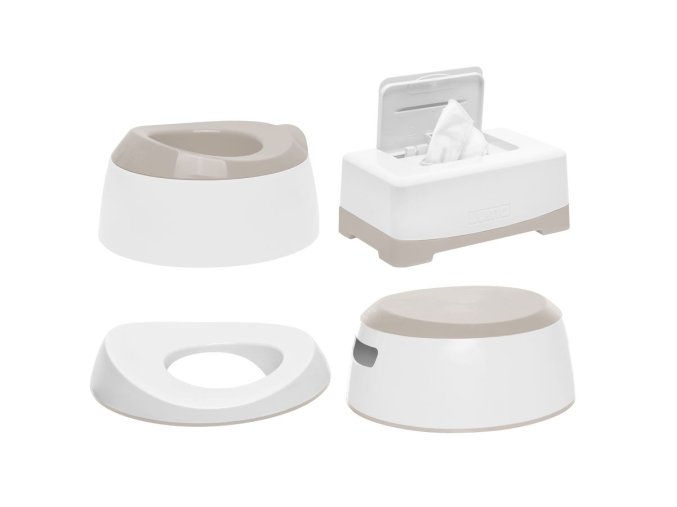 Tréningová sada na toaletu LUMA White, obsahuje nočník, dětské sedátko na toaletu, protiskluzové stupátko a box na vlhčené ubrousky. Zvýhodněná cena.