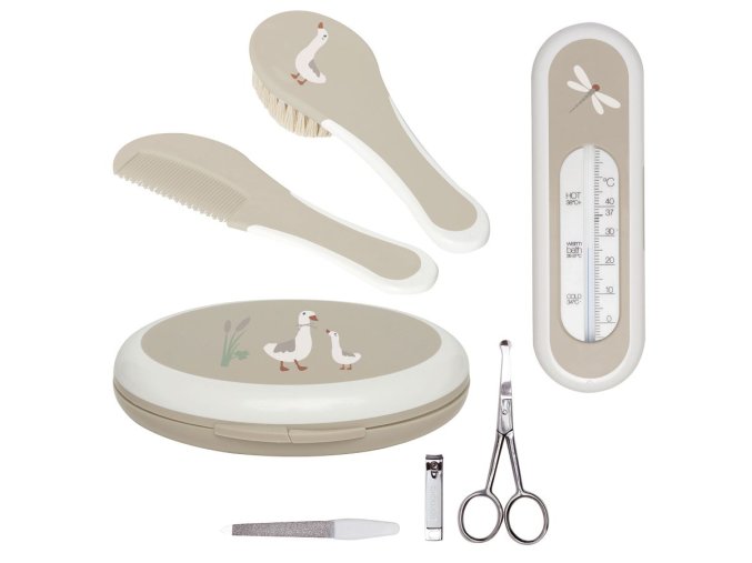 Dárková sada Bébé-Jou Soft Spring, béžová, husička, Obsahuje koupací teploměr, manikůru, hřeben a kartáč.