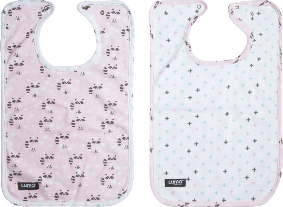 LUMA Bryndáčky Luma - Racoon Pink, 2ks" "Barva:růžové|Materiál:100% bavlna|Vzor:Racoon pink|Zapínání:baby patent|