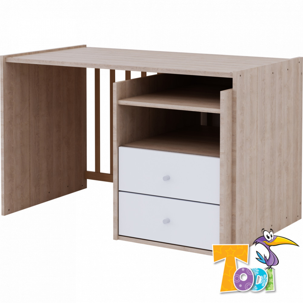 Todi Kombi postýlka 70x120 Todi Magic" "Barva:bílá s vysokým leskem|Hmotnost:92 kg|Materiál:dřevěné, MDF|Nastavitelná výška:105 cm|Požadované vlastnosti:Polohovací|