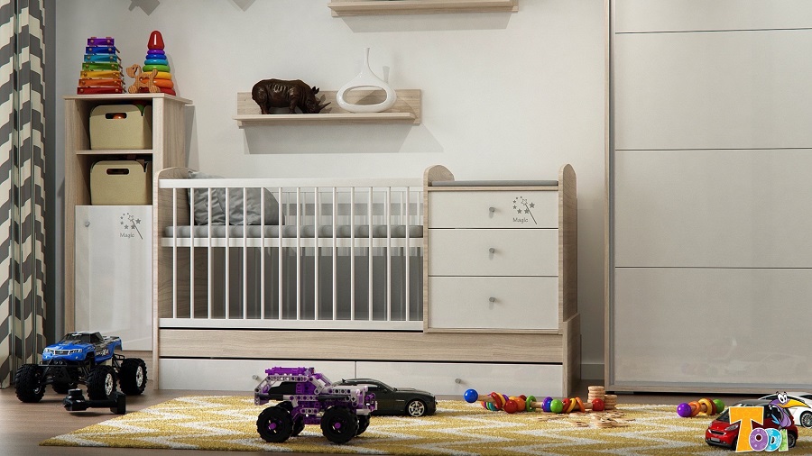 Todi Kombi postýlka 70x120 Todi Magic" "Barva:bílá s vysokým leskem|Hmotnost:92 kg|Materiál:dřevěné, MDF|Nastavitelná výška:105 cm|Požadované vlastnosti:Polohovací|