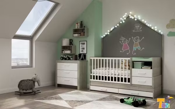 Todi Kombi postýlka 5v1 70x120 Todi Cube" "Barva:Bílá|Hmotnost:103 kg|Materiál:dřevěné, MDF|Požadované vlastnosti:Polohovací|Výška:100 cm|