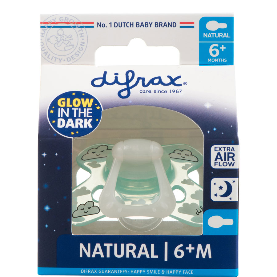 Difrax Dudlík Difrax svítící ve tmě Natural 6+" "Druh:dudlíky|Materiál:silikonové|velikost:6-12 měsíců|