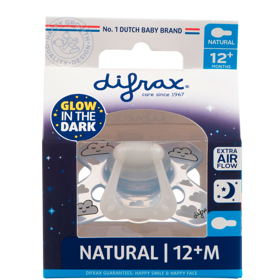 Difrax Dudlík Difrax svítící ve tmě Natural 12+" "Druh:dudlíky|Materiál:silikonové|velikost:12-18 měsíců|