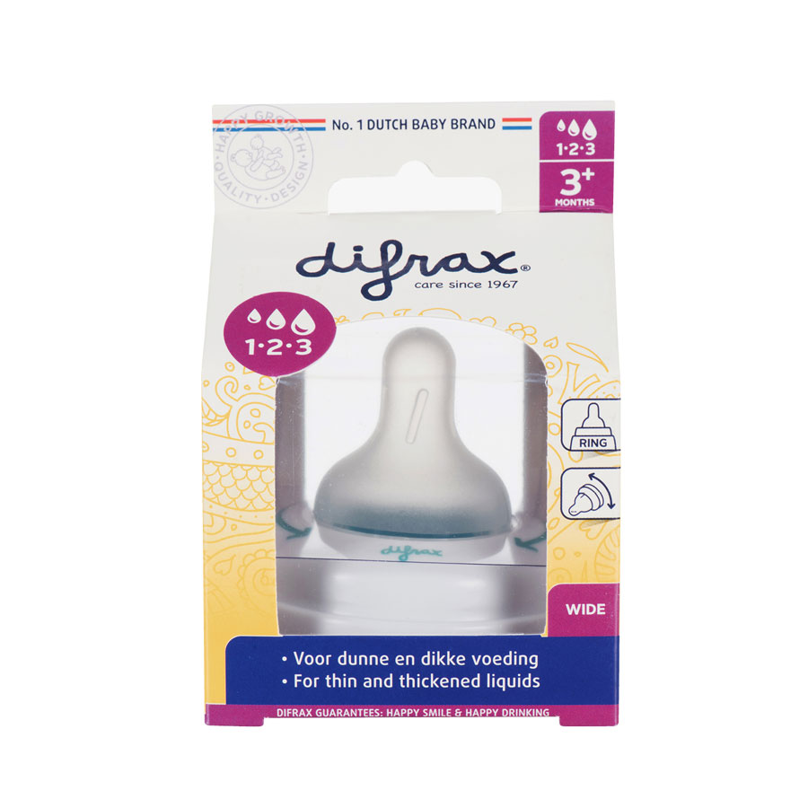 Difrax Savička s kroužkem k široké lahvičce Difrax 1-2-3 Variflow" "Druh:savičky|Materiál:silikonové|velikost:3+měsíců|