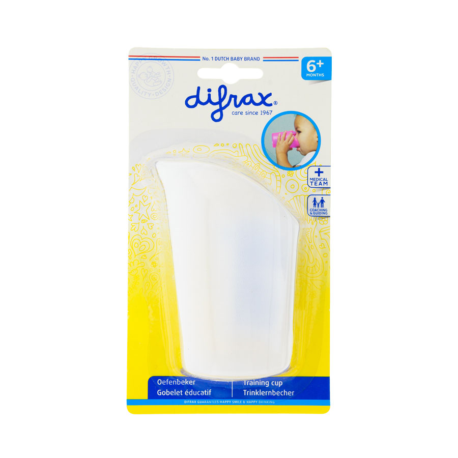 Difrax Trénovací hrneček Difrax transparentní" "Barva:transparentní|Materiál:plastové|Objem:méně než 207 ml|Určení:pro kluky a holky|Věk od:0,3 let|Značka:Difrax|