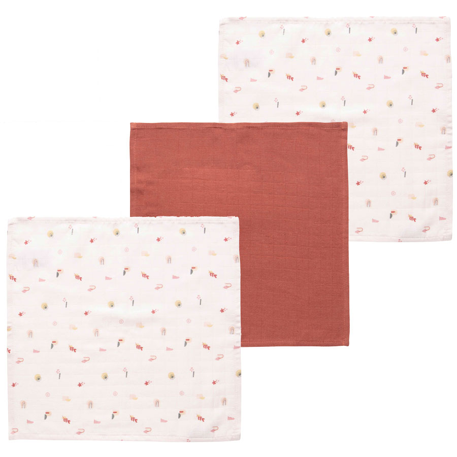 LUMA Mušelínové žínky na obličej Luma Sunset Shapes 3ks" "Barva:Růžová|Druh:mušelínové žínky na obličej|Materiál:70% bambus, 30% bavlna|Rozměry:32 x 32 x 0,3 cm|Vzor :Sunset shapes|