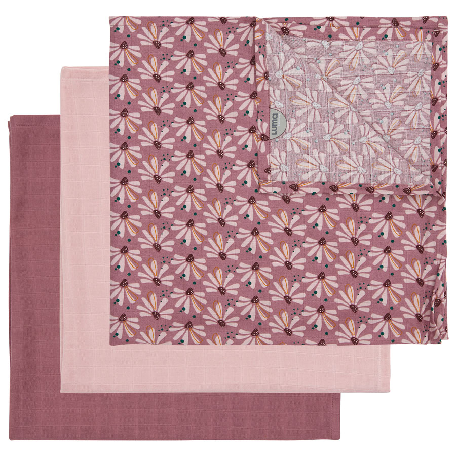 LUMA Mušelínová plenka Luma z bambusu 70x70 cm 3ks Flowerfever" "Barva:růžové|Druh:multifunkční plenka|Materiál:70% bambus 30% bavlna|Rozměry:70 x 70 cm|Vzor:Flowerfever|
