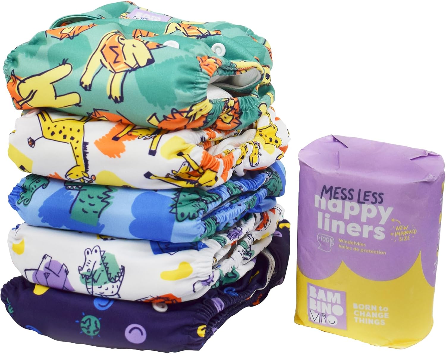 Bambino Mio Set 5-ti revolučních plenek-BOLT" "Barva:Bílá|Druh:látkové|Hmotnost dítěte:3 - 15 kg|Materiál:bambusové, polyesterové|Požadované vlastnosti:Jednovelikostní|Typ:vše v jednom|Výrobce:Bambino Mio|Zapínání:na suchý zip|Značka:Bambinomio|