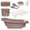 Termo koupací set de Luxe Fabulous Mocha Mousse, Set obsahuje: termovaničku, kyblík na pleny, sadu na manikúru, hřeben a kartáč, přebalovací podložku a box na vlhčené ubrousky. Součástí termovaničky je zabudovaný vanový teploměr, který je zároveň vanovou zátkou, dva dávkovače mýdla a šamponu,