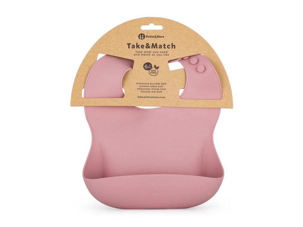 PETITE&MARS Podbradník silikónový Sam Take&Match Dusty Rose 6m+