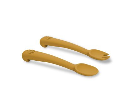 INTERBABY | SET silikónová LYŽIČKA + VIDLIČKA - okrový