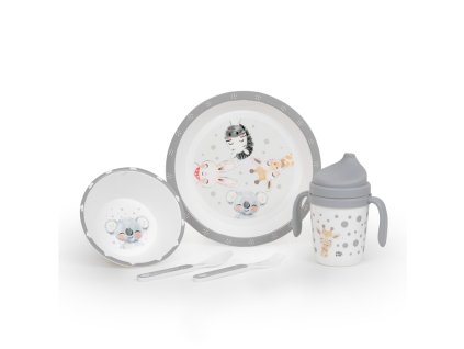 INTERBABY | Jedálenský set ZVIERATKÁ +6M - sivý