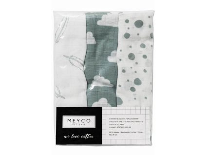 Plenky 3-balení Feathers-clouds-dots stone green/white