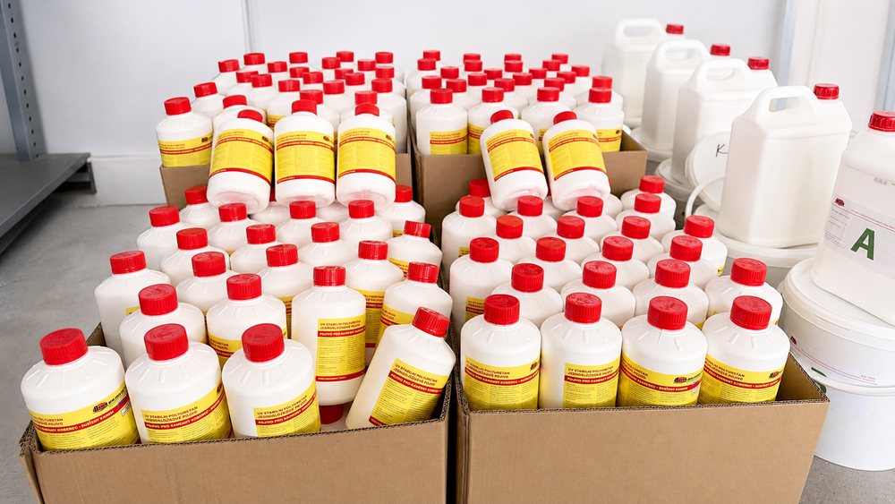 Balení chemie pro údržbu kamenných koberců
