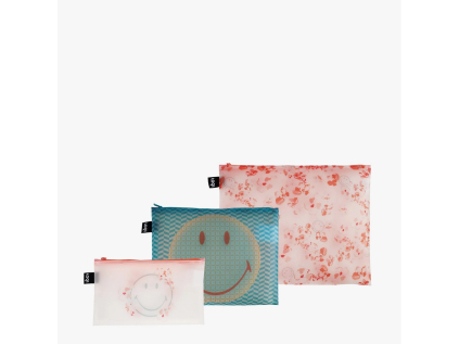 Taštičky na zip 3 ks LOQI SMILEY Transparent Milky Blossom