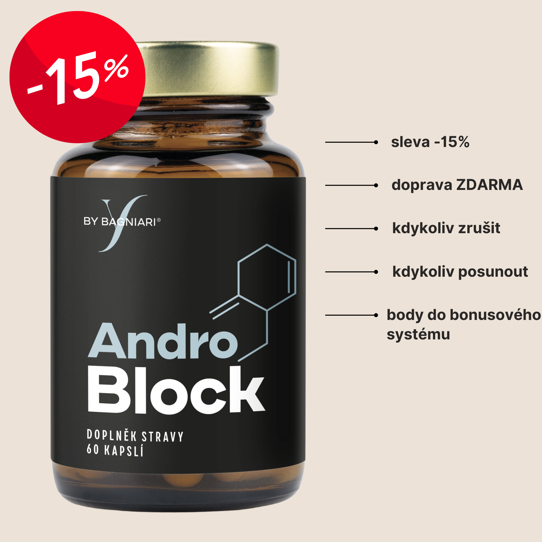 Bagniari AndroBlock - produkt na bázi rostlinných látek, L-glycinu a zinku, 60 kapslí Varianta: Předplať a ušetři 15 % (každé 2 měsíce)