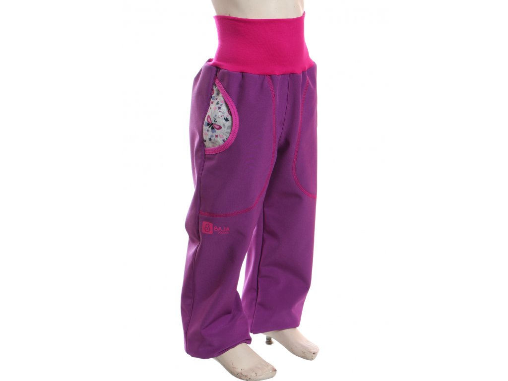 softshellové kalhoty pro holky, fialové + motýlci na šedé, bok