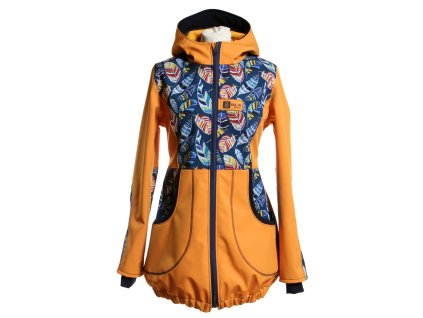 dívčí softshellový kabát, hořčicový, peříčka na petrolejové