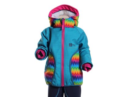 zimní softshelová bunda, tyrkys + duha