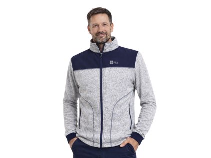 pánská svetrová mikina, šedá, tm. modrá, tm. modré šití, model